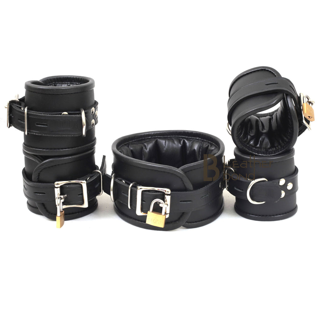  Real Cow Leather Wrist & Ankle Cuffs Set Black 4 Piece Padded  Cuffs Lockable : Health & Household