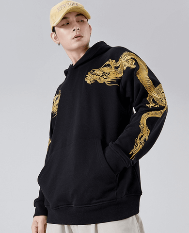 Harajuku Style Golden bestickter Drache-Hoodie