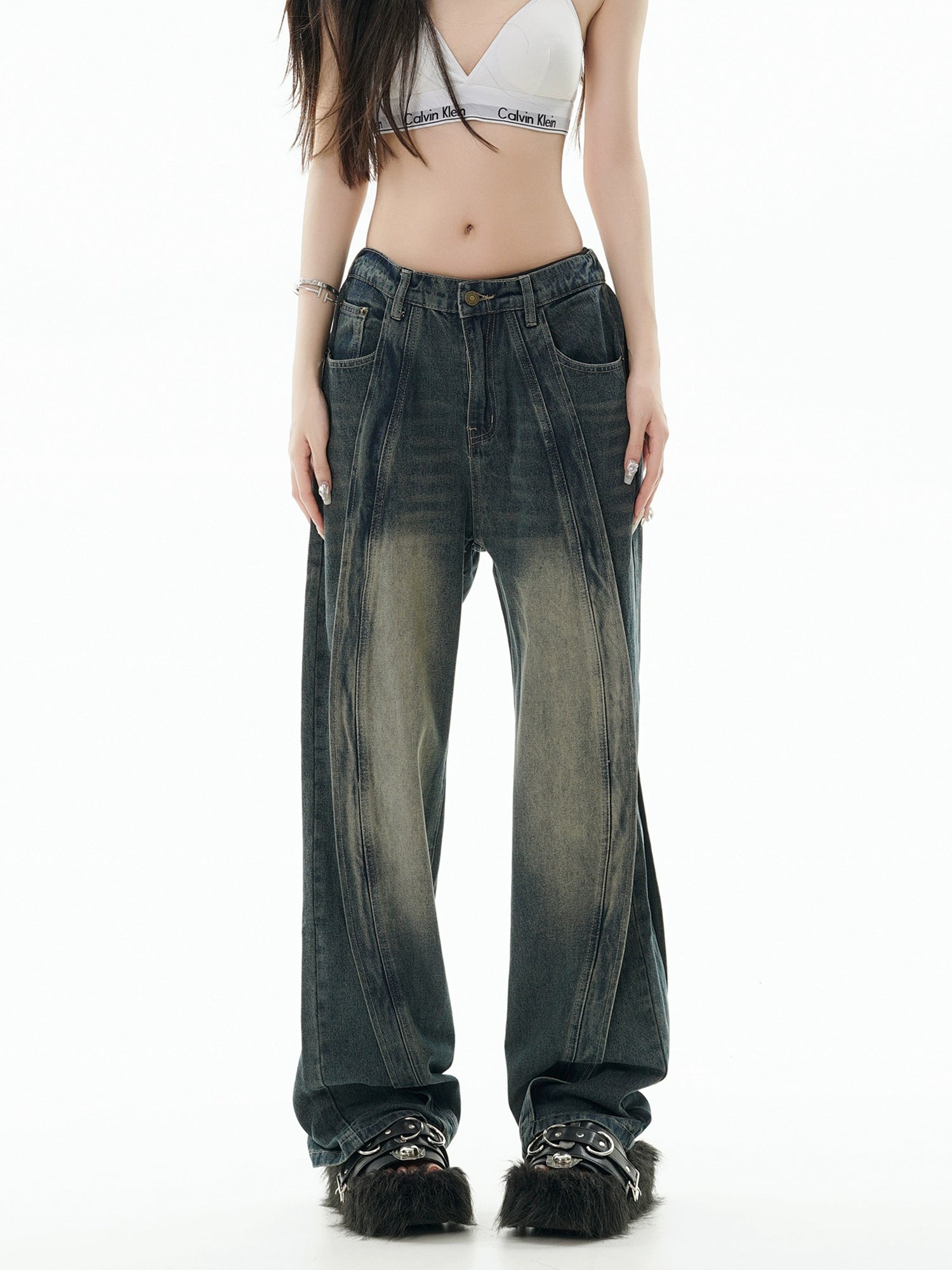 Image of GCINIM Paneled Faded Denim Jeans