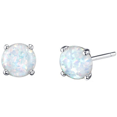 White Gold Round Cut Created Opal Stud Earrings