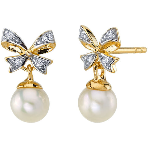 Bow Pearl Dangle Gold Earrings -  E19272