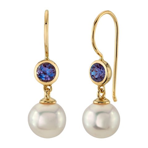 Pearl and Alexandrite Gold Hook Earrings