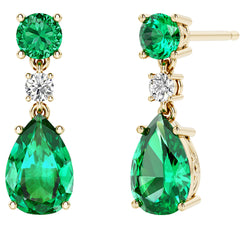 3.10 Carats Created Colombian Emerald with Lab Grown Diamond 14K Yellow Gold Drop Earrings