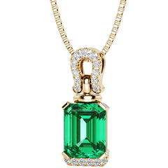 14K Yellow Gold Created Colombian Emerald with Lab Grown Diamond Pendant 3.17 Carats Total Emerald Cut
