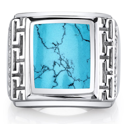 Mens Greek Key Simulated Turquoise Chunky Ring Sterling Silver SR11510
