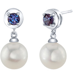 8mm Freshwater Cultured Pearl & Alexandrite Dangle Earrings in Sterling Silver