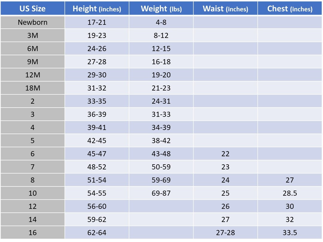 Size chart Kids T-Shirts, CM - INCH