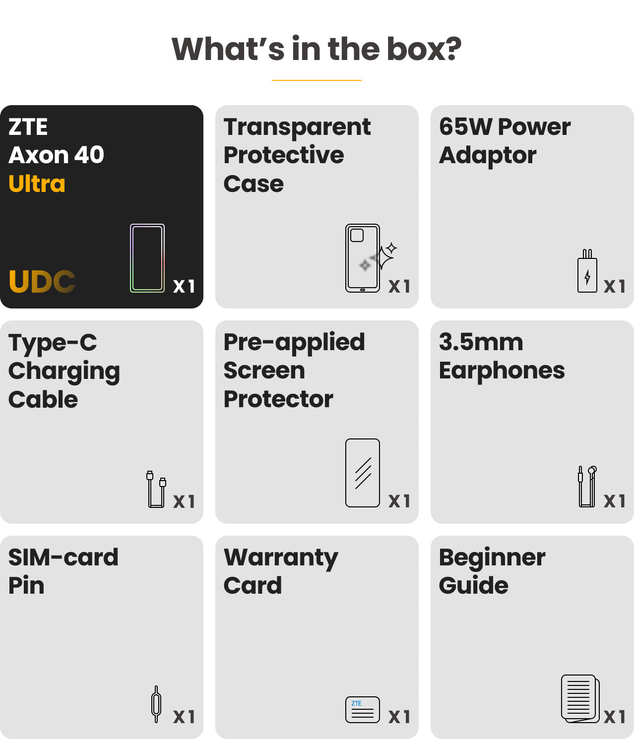 What’s in the box: 1/ One ZTE Axon 40 Ultra; 2/ One Transparent Protective Case; 3/One 65W Power Adaptor; 4/One Type-C Charging Cable; 5/ One Pre-applied Screen Protector; 6/ One 3.5mm Earphones; 7/ One SIM-card Pin; 8/ One Warranty Card; 9/ One Beginner Guide