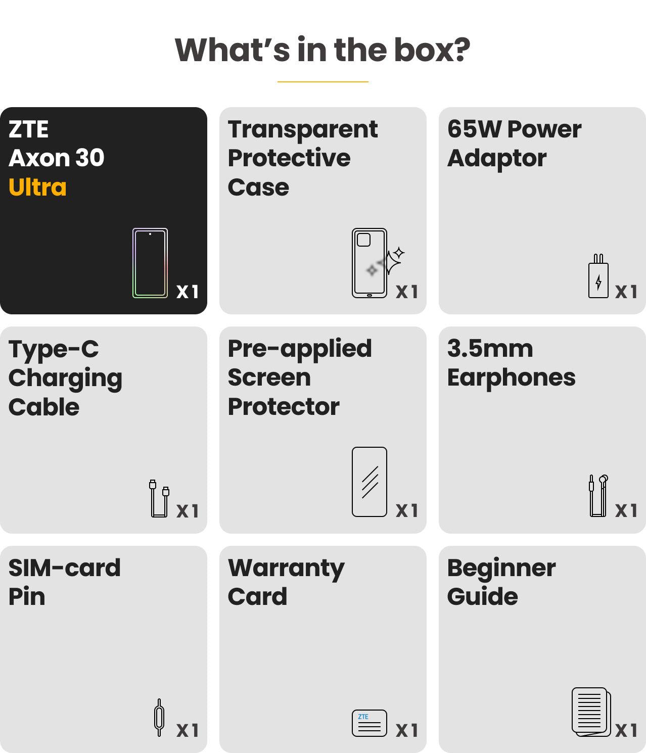 What’s in the box: 1/ One ZTE Axon 30 Ultra; 2/ One Transparent Protective Case; 3/One 65W Power Adaptor; 4/One Type-C Charging Cable; 5/ One Pre-applied Screen Protector; 6/ One  3.5mm Earphones; 7/ One SIM-card Pin; 8/ One Warranty Card; 9/ One Beginner Guide