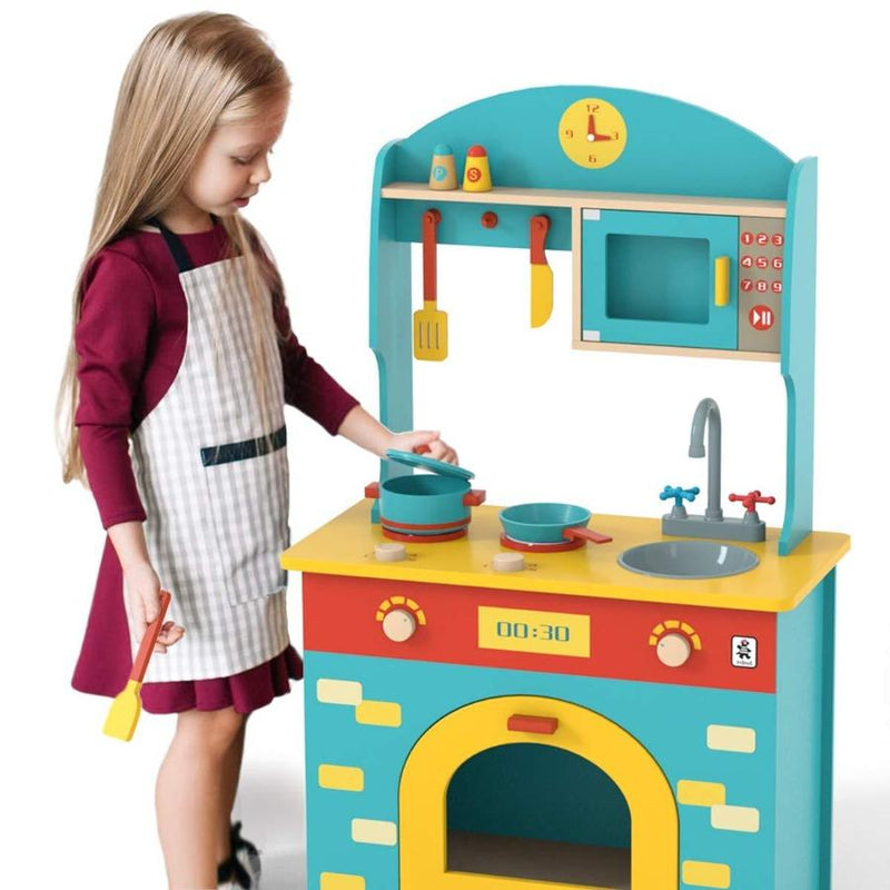 Kids Blue Wooden Kitchen Playset Large Cookware Toys
