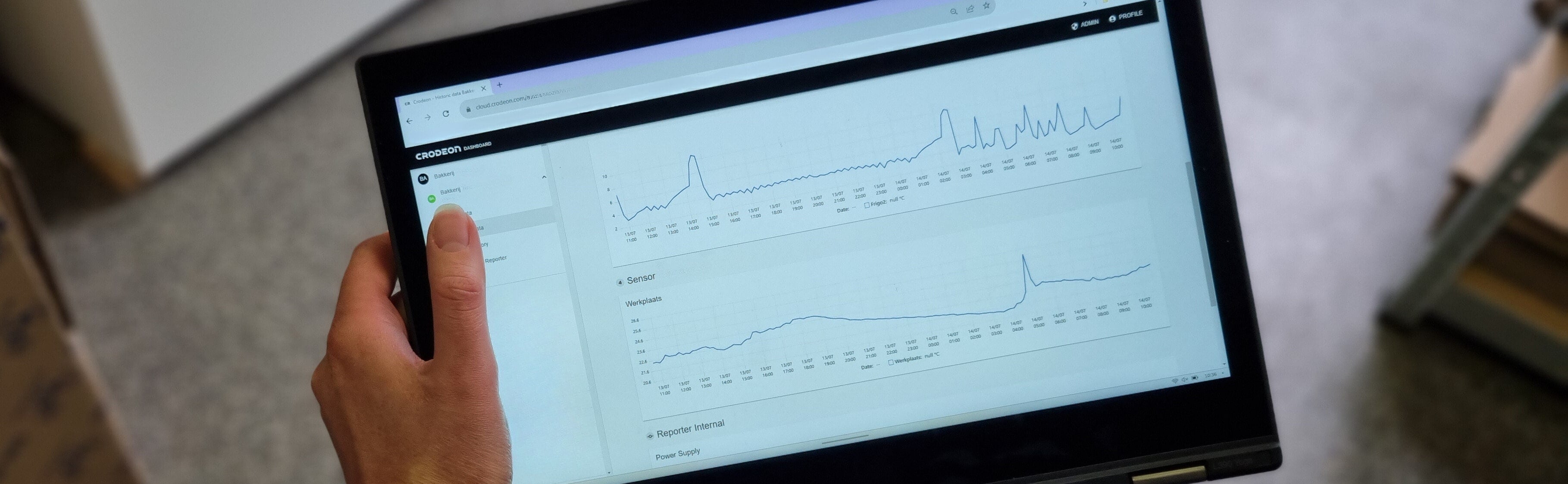 A person holding a tablet that shows the Crodeon Dashboard