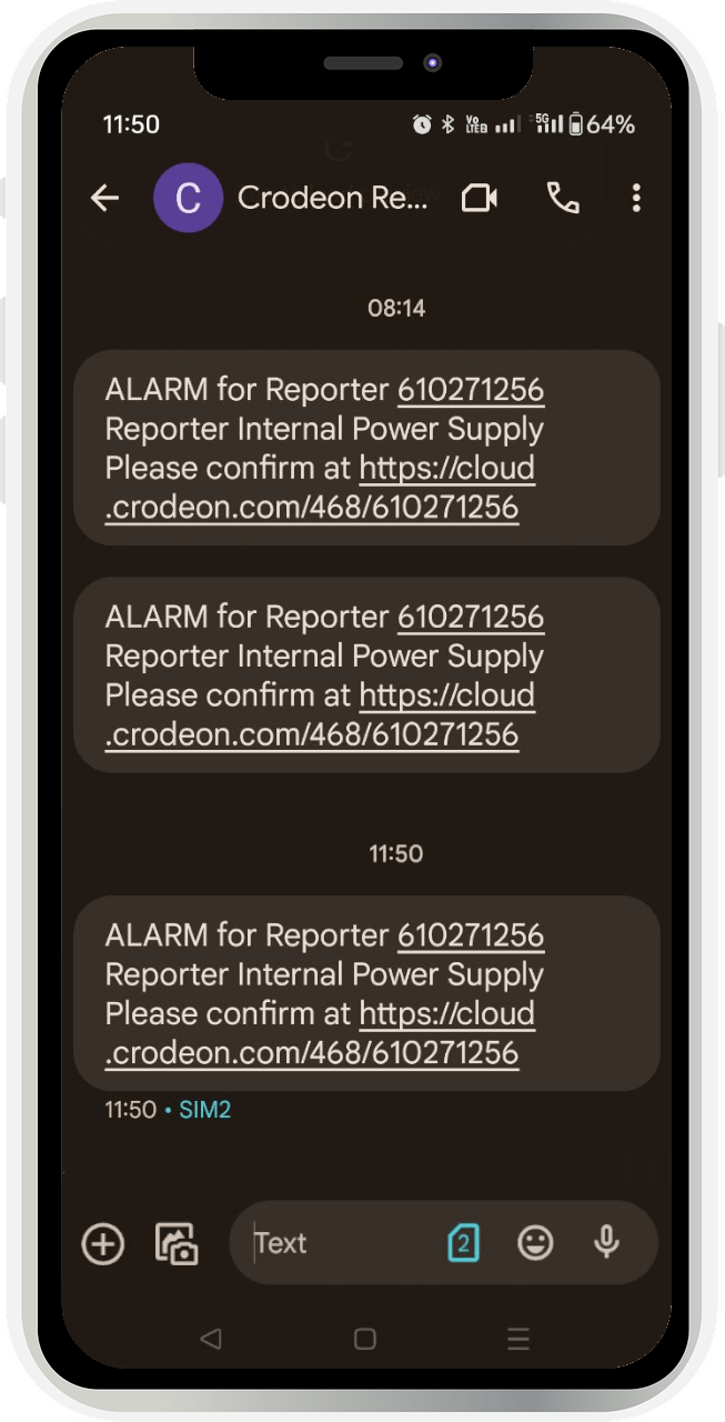 A smartphone with Reporter alarm text messages