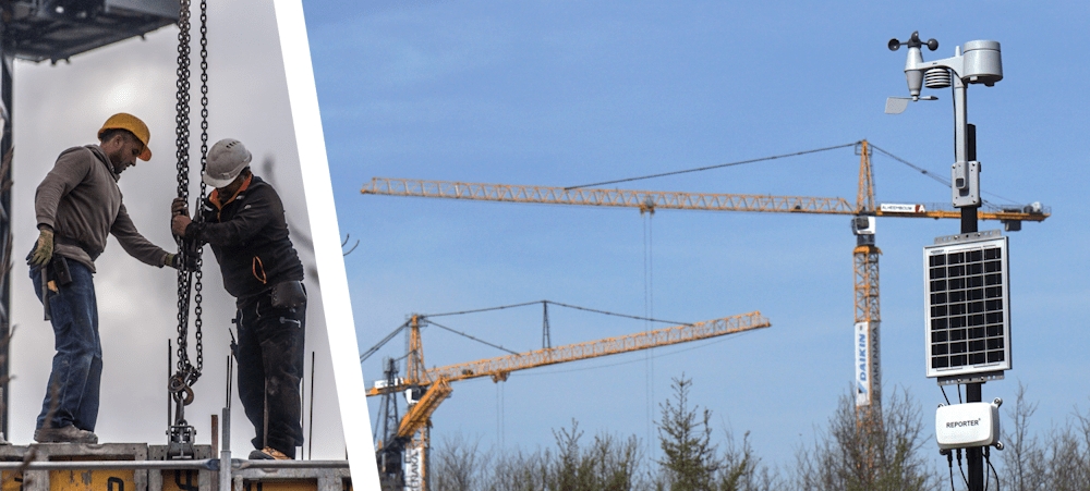 ouvriers du bâtiment et station météo à proximité des grues