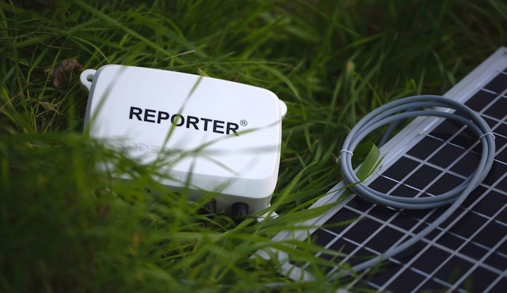 Reporter in grass with solar panel