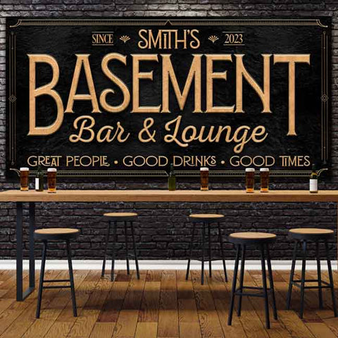 Personalized basement bar and lounge sign. Black canvas with gold text overlay.