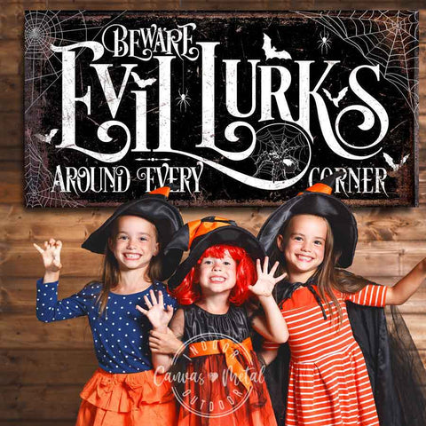 Beware Halloween Sign, Beware Sign, Evil Lurks Halloween Sign, Wicked Sign, Halloween decor, Halloween wall signs, personalized halloween signs, scary halloween signs, metal halloween sign, outdoor halloween signs