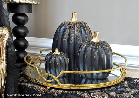 Black and gold beaded DIY Halloween Pumpkins. Black pumpkin with gold stem.