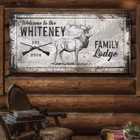 Personalized hunting lodge sign with family name. Rustic off white canvas with detailed Elk with huge antler rack in center. Two rifles crossed with established date. 