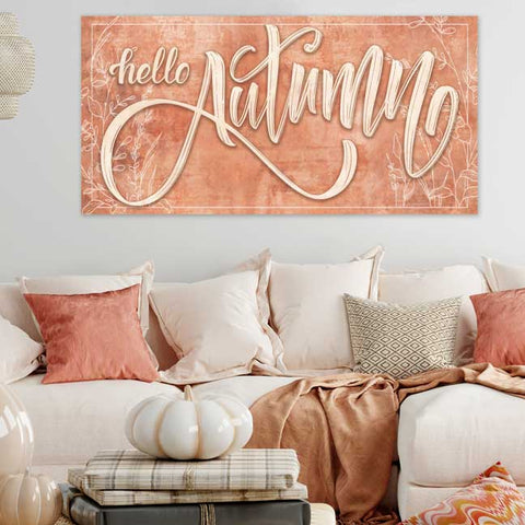 Hello Autumn Custom Wall Décor With Velvet Sofa and Pumpkin Fall Accents
