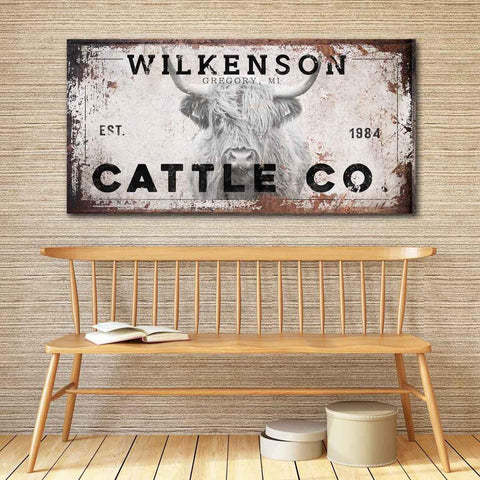 Highland Cow Wall art cattle canvas with personalized ranch name. Cute highland cow on rustic canvas.