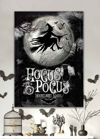 hocus pocus wall sign with witch flying across the moon with cat and spooky clouds