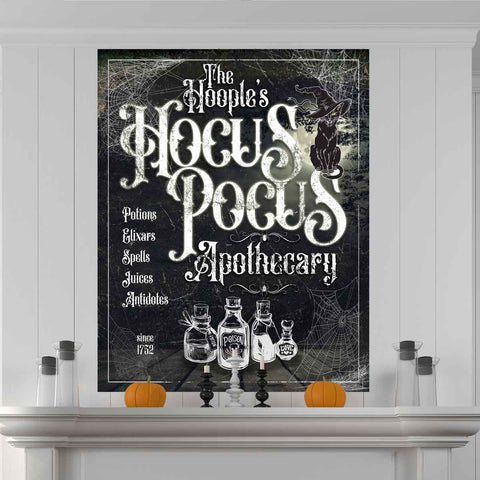 Hocus Pocus Apothecary Halloween Sign with black Cat and custom family name on black canvas.