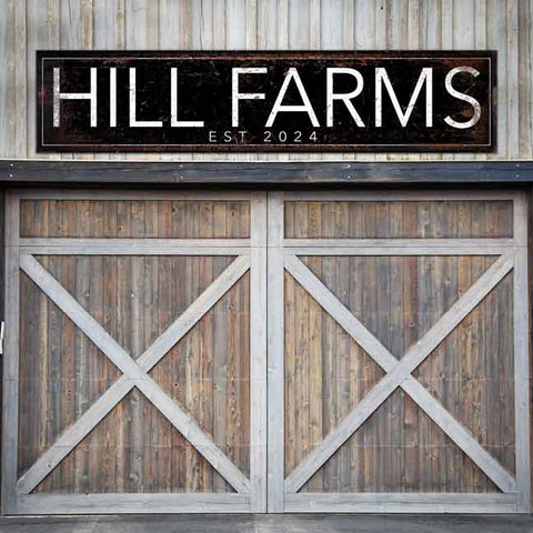 Modern large metal barn sign with family name. Black rustic background with modern white font. 