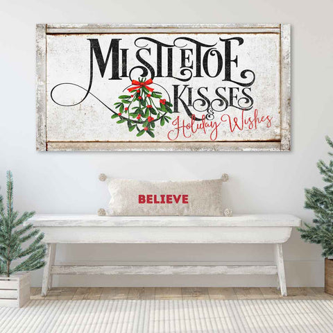 Farmhouse Mistletoe Kisses & Holiday Wishes Christmas Canvas. Faux White Rustic Canvas.