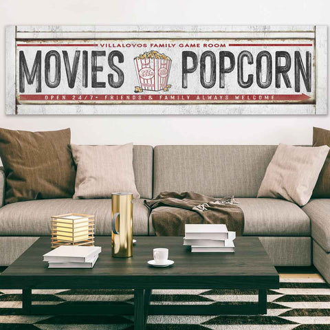 Theater Signs, Movie Signs, Cinema Sign, Home Movie Signs white sign with the words Movies and popcorn