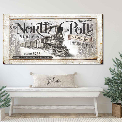 North Pole Express Holiday Christmas Canvas. Detailed Polar Express Train headed through the woods.