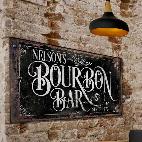 Personalized Bourbon Bar Sign. Black Canvas with white prohibition era font.