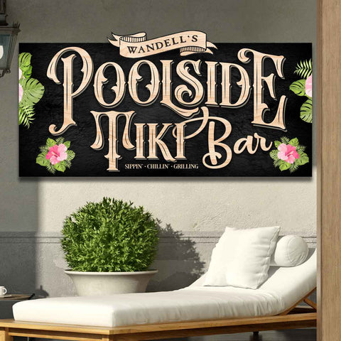 Vibrant Poolside Tiki Bar Sign with Custom Family Name. Black Metal Sign with ornate lettering and pink hibiscus flowers. 