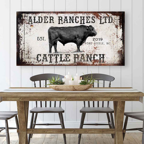 Vintage cattle ranch wall art for modern farmhouse with custom family name and giant bull in the center.