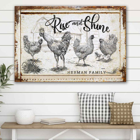 Rustic farmhouse canvas wall art with four chickens and phrase "Rise & Shine"