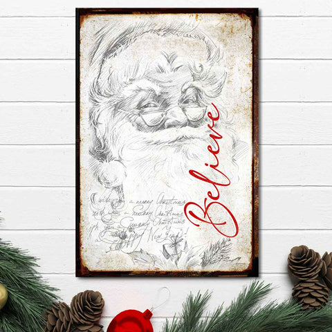 Custom Santa Wall Art. Believe Sign on faux wood canvas with Santa's smiling face.