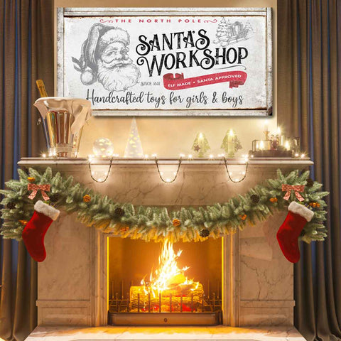 Custom Santa's Workshop Christmas Sign on Faux Wood Canvas