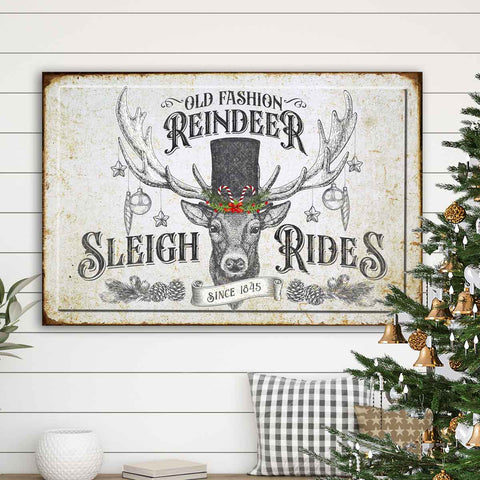 Modern Farmhouse Holiday Sign. Reindeer with holiday hat reads "Sleigh Rides".