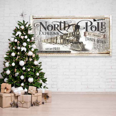 Christmas Train Express, North Pole Express - vintage christmas train rolling through the hills with words "north pole Express" on rustic light beige background.