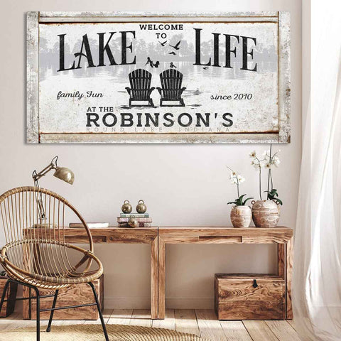 Welcome To Lake Life Vintage Sign With Adirondack Chairs, Family Name, Established Date, And Kids Playing In The Lake