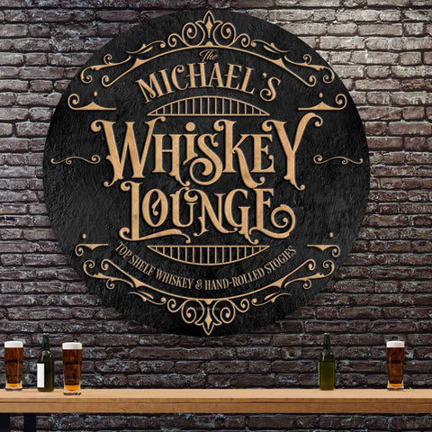 Personalized Whisky Lounge Bar Sign. Black Canvas with ornate gold font.