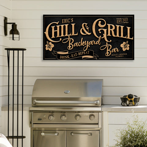 bbq sign chill and grill sign with gold letters on black textured background