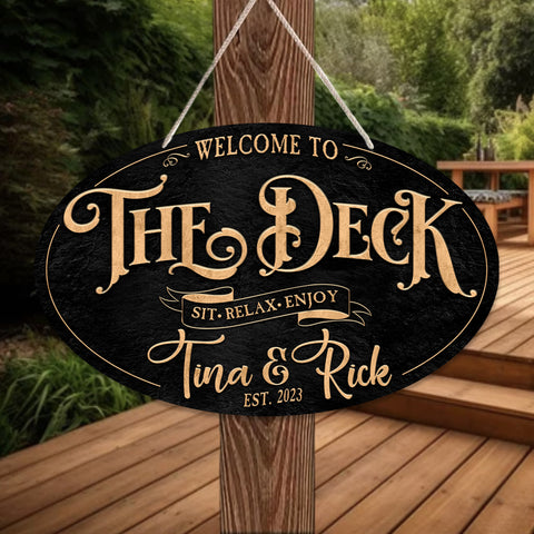 Deck Sign on black with gold letter personalized