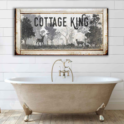 Personalized cottage king sign. Vintage canvas with shadowy forest scene.