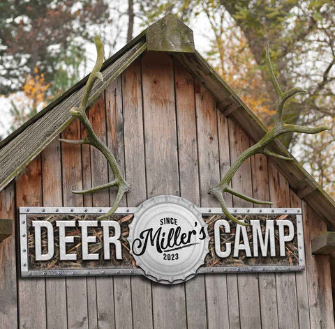 Personalized Deer Camp Sign on Faux metal with camo background.