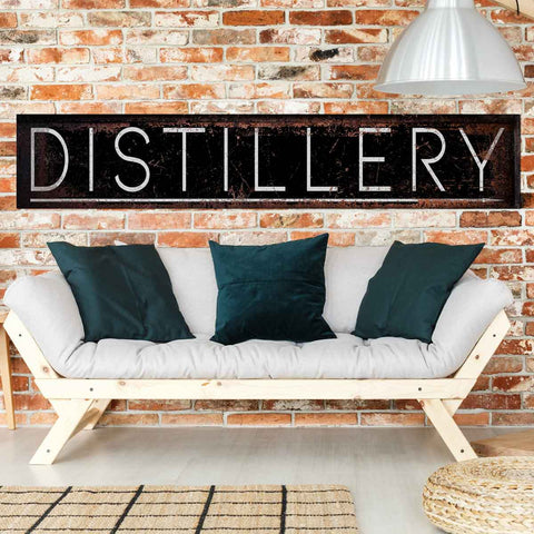 Bar Signs, Speakeasy Sign, Distillery Sign, with black distressed canvas with big thin words that say Distillery in all caps.