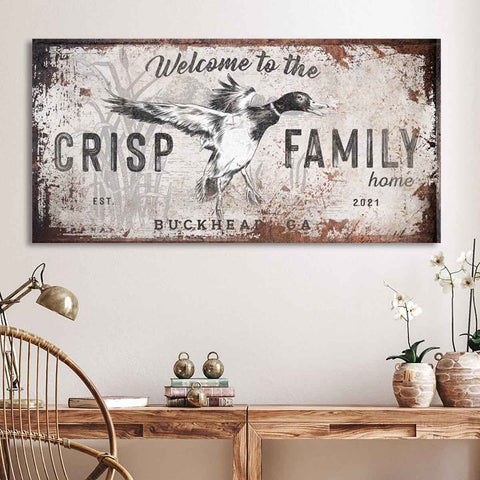 Rustic Duck Decor of a Mallard duck flying out of a lake with the words: Welcome to the (family name) home, with est. date, and city and state.