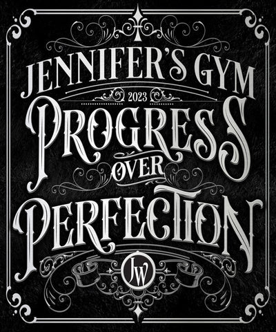 Gym Room Decor with black background and white words that say (family name) Progress over perfection with date.