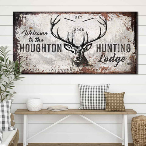 Personalized Family Name Hunting Lodge Sign on Rustic Faux Wood Canvas with Buck in the Center