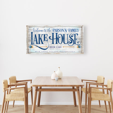 Lake house sign with family name and established date. Rustic faux wood canvas personalized lake house sign.