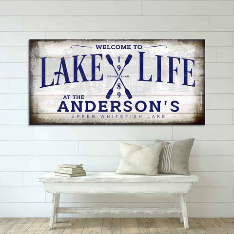 Custom Welcome To Lake Life Signe On Faux White Wood With Family Name And Boat Oars